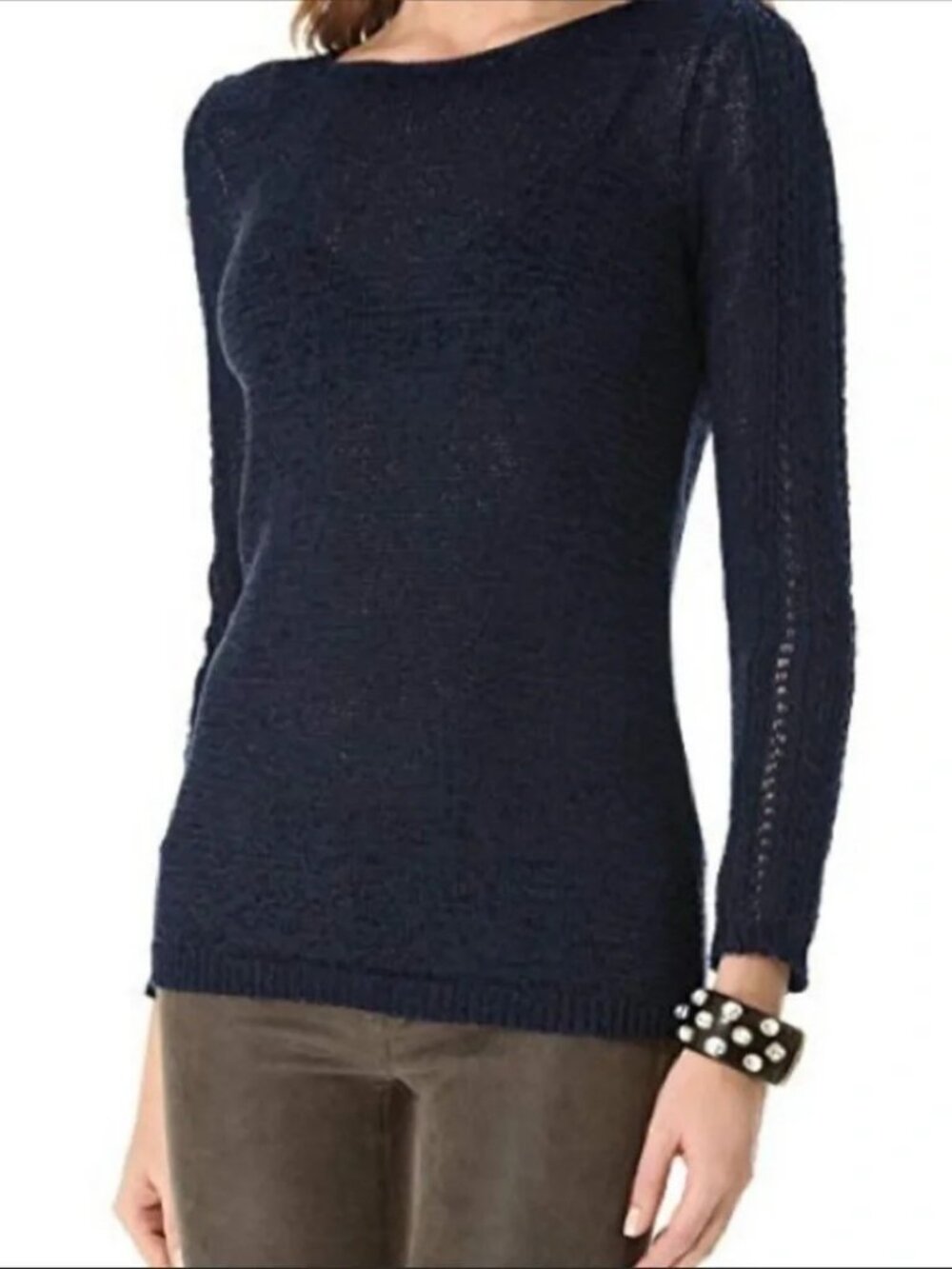 Rachel Zoe Karla Indigo Blue Open Knit Long Sleeved Crewneck Sweater S
